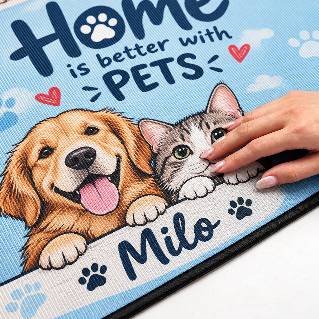 Custom Photo Hello, We're Here - Dog & Cat Personalized Custom Decorative Mat - Gift For Pet Owners, Pet Lovers