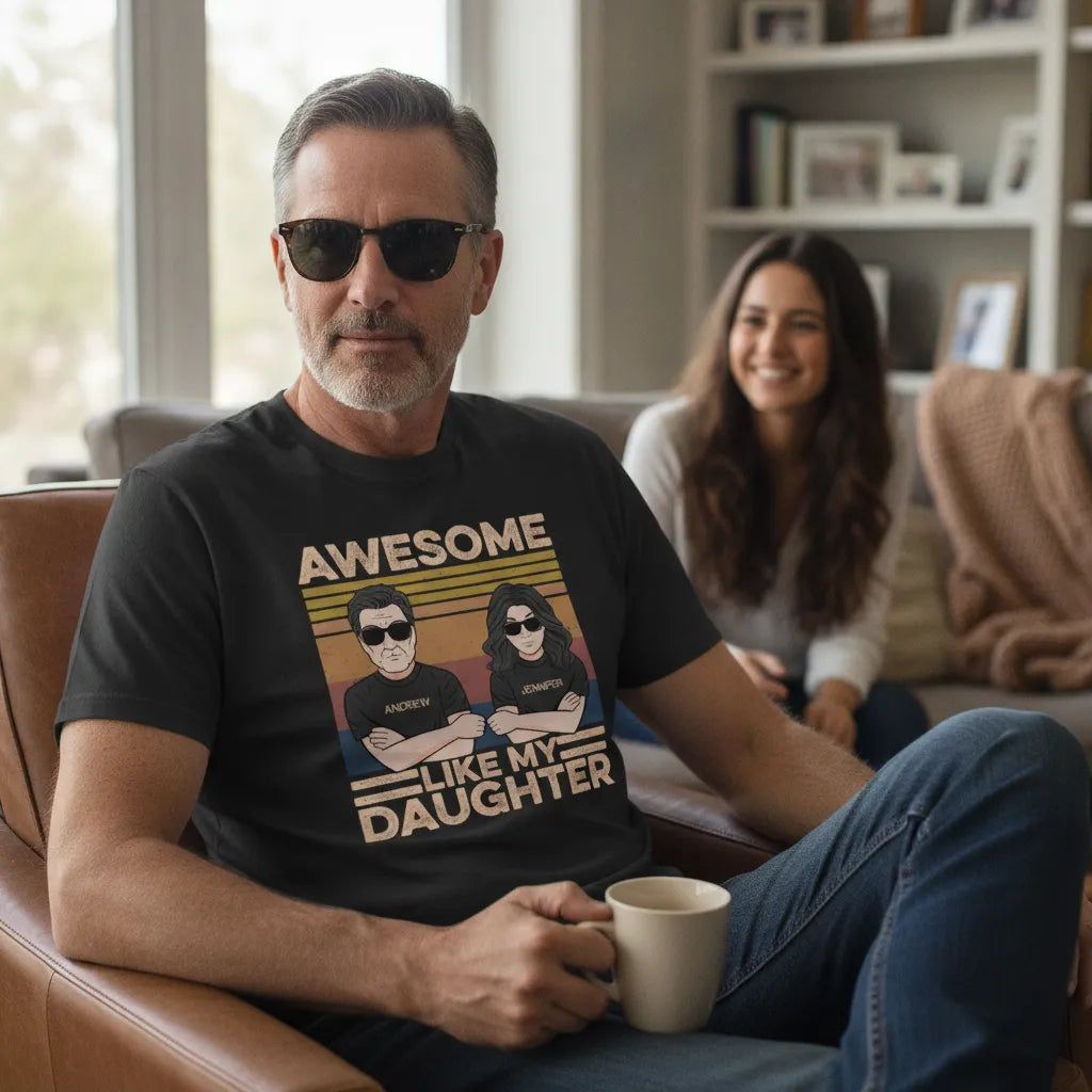Personalized Dad & Daughter Illustration Unisex T-Shirt – Custom Names, Skin Tone, Hair & Beard Gift