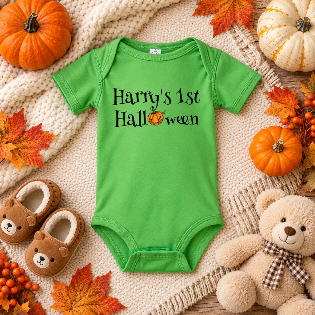 Baby’s First Halloween Bodysuit – Personalized Pumpkin Baby Onesie, Custom Name Halloween Outfit