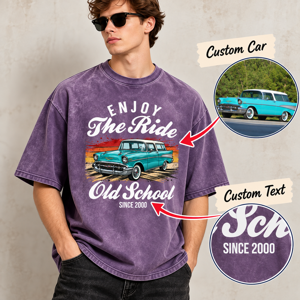 Personalized Car Photo Retro T-Shirt – Custom Car Graphic Tee, Enjoy The Ride Gift for Car Lovers