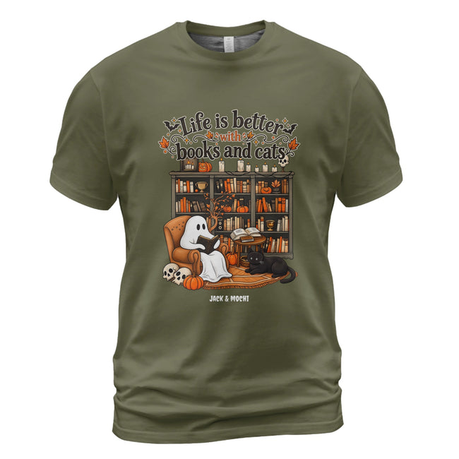 Halloween Life is Better with Books and Cats Unisex T-shirt Main Image