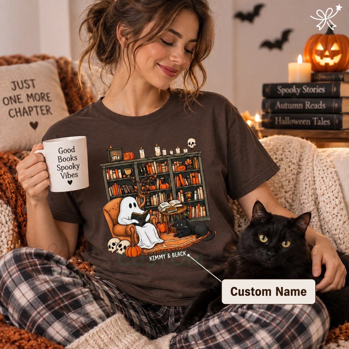 Book Lover Gifts, Cat Lover Gifts, Custom Pet Gifts, Personalized Pet Gifts- Halloween Ghost Reading Books With Black Cat Unisex T-shirt