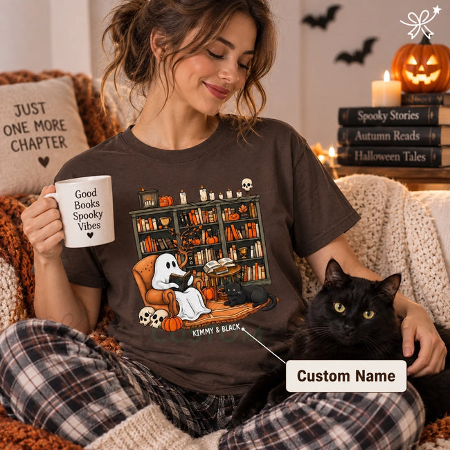 Book Lover Gifts, Cat Lover Gifts, Custom Pet Gifts, Personalized Pet Gifts- Halloween Ghost Reading Books With Black Cat Unisex T-shirt Hover Image