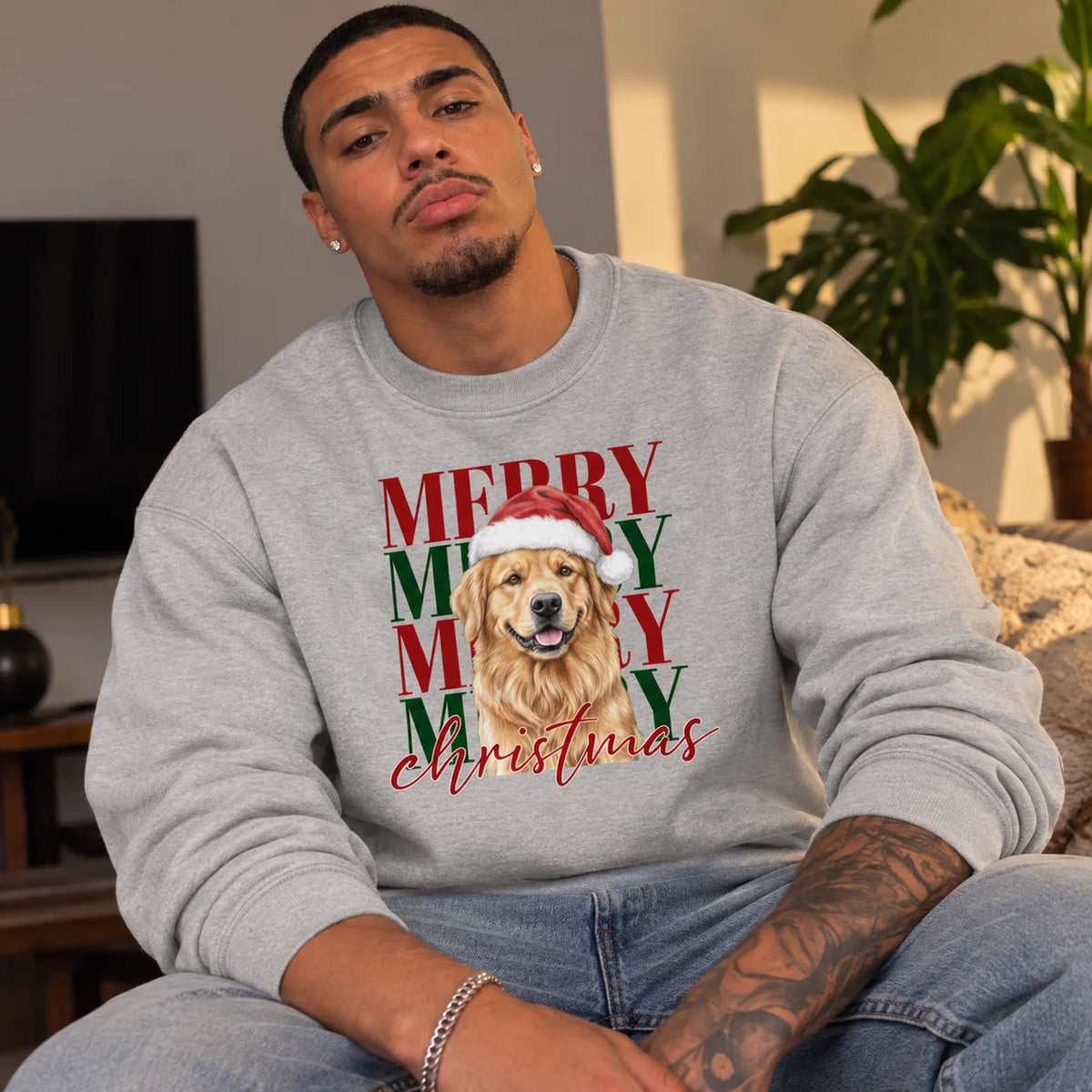 Merry Merry Christmas Custom Pet Sweatshirt-  Personalized Dog Face Portrait