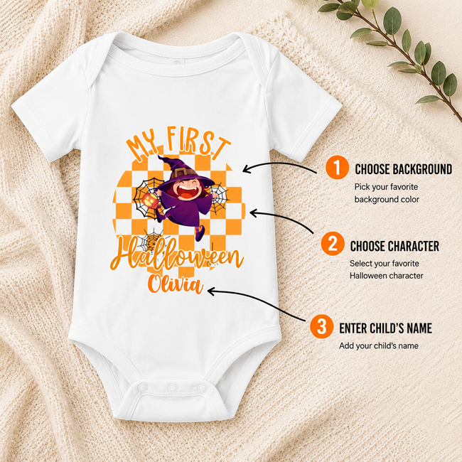 Personalized My First Halloween Baby Bodysuit, Custom Name Baby First Halloween Outfit Hover Image
