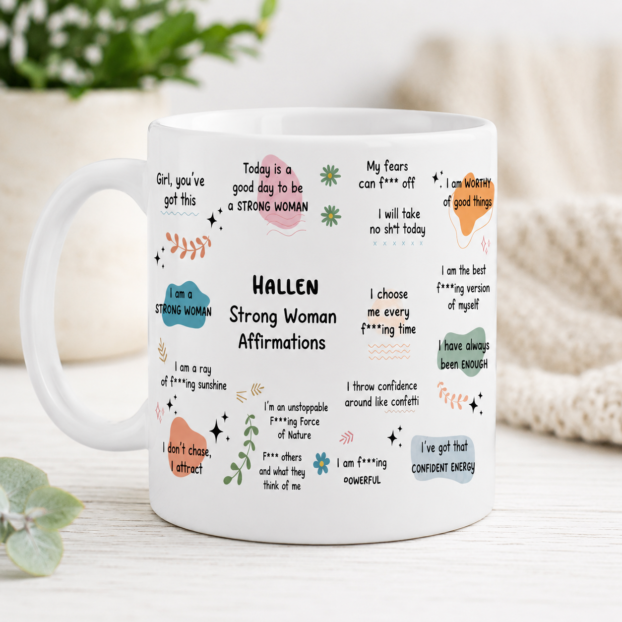 Strong Woman Affirmations Mug – Personalized 11oz Ceramic Coffee Mug, Custom Name Inspirational Gift for Women, Best Friend, Sister & Coworker
