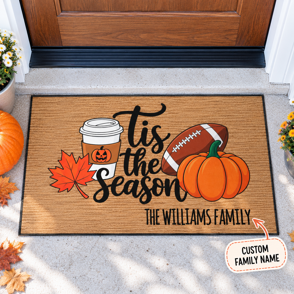 Tis the Season Autumn Doormat for Fall Decor, Housewarming Gift, Custom Family Name