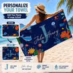 Personalized Ocean Theme Beach Towel with Custom Name & Initial – Soft Oversized Quick-Dry Towel for Beach, Pool & Vacation Gift