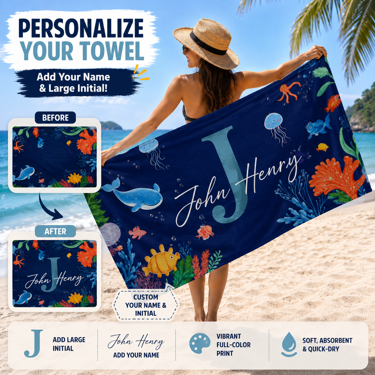 Personalized Ocean Theme Beach Towel with Custom Name & Initial – Soft Oversized Quick-Dry Towel for Beach, Pool & Vacation Gift