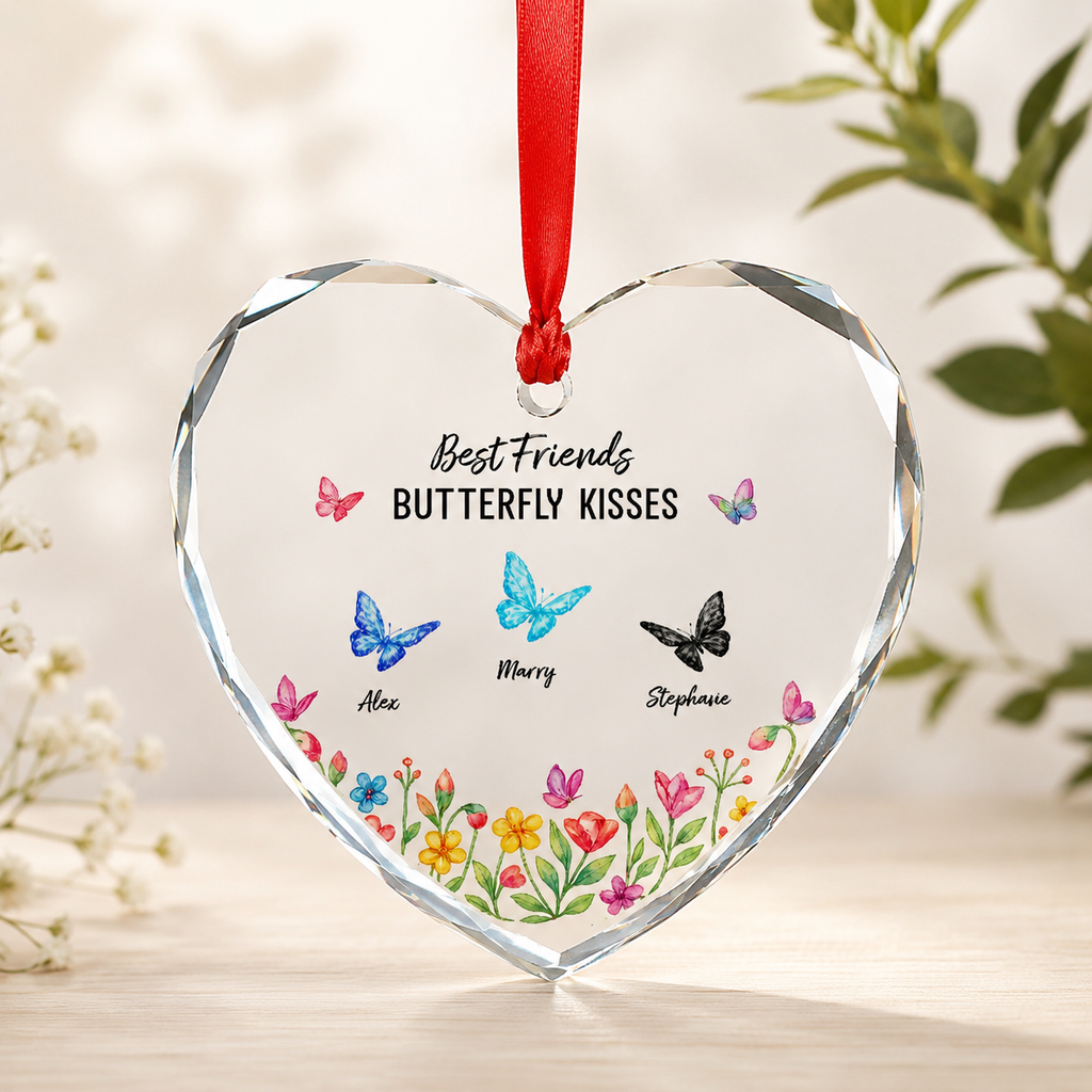 Personalized Best Friends Butterfly Heart Ornament – Custom Names Crystal Keepsake, Friendship Gift