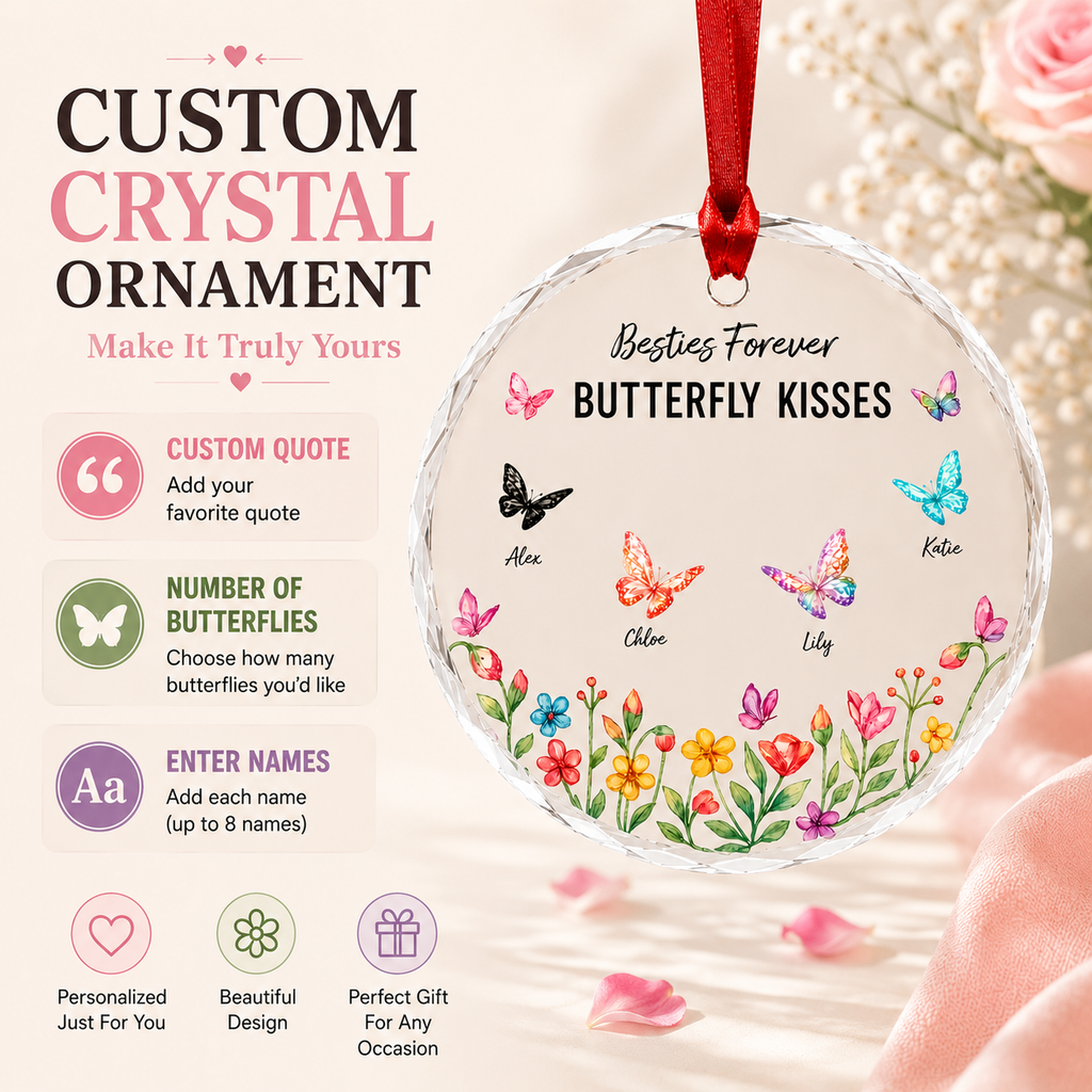Personalized Best Friends Butterfly Heart Ornament – Custom Names Crystal Keepsake, Friendship Gift