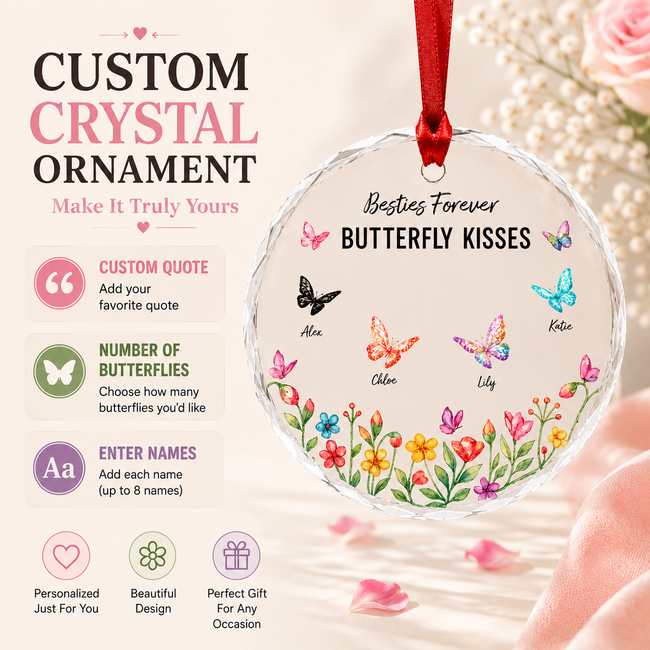 Personalized Best Friends Butterfly Heart Ornament – Custom Names Crystal Keepsake, Friendship Gift Hover Image