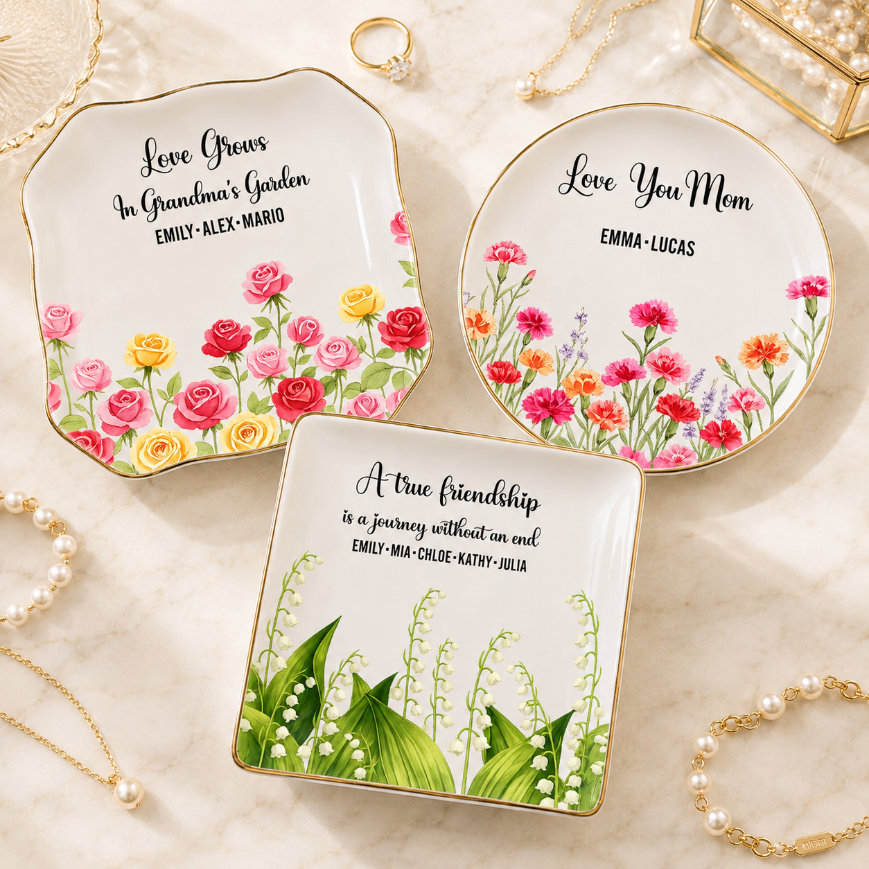 Personalized birth flower jewelry dishes with custom names, quotes and floral designs