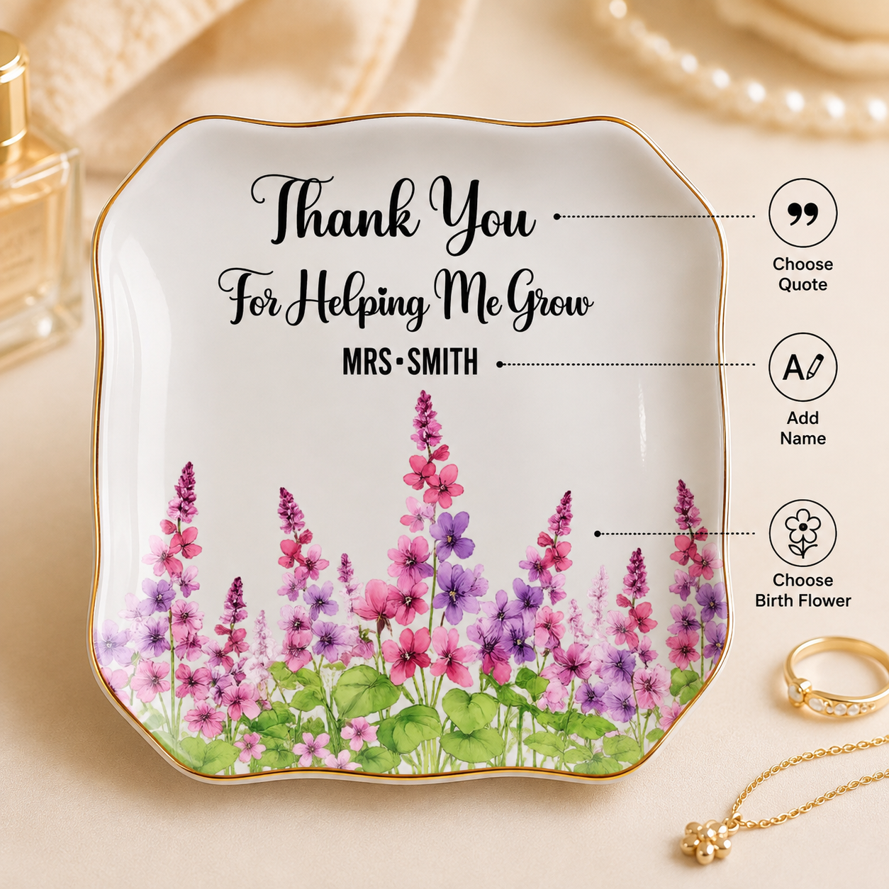 Personalized birth flower jewelry dish with custom name, quote and floral design