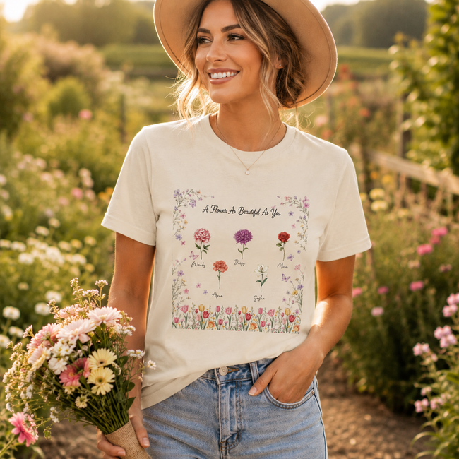 Personalized Birth Flower Garden Shirt – Custom Names & Birth Month Flowers Unisex T-Shirt, Family Floral Gift for Mom, Grandma, Nana Main Image