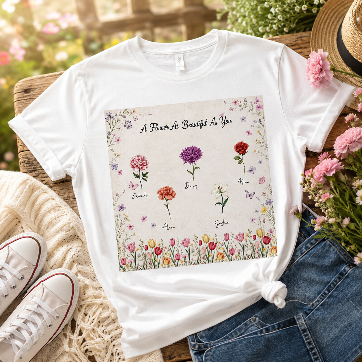 Personalized Birth Flower Garden Shirt – Custom Names & Birth Month Flowers Unisex T-Shirt, Family Floral Gift for Mom, Grandma, Nana