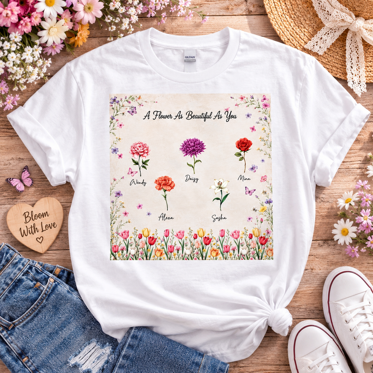 Personalized Birth Flower Garden Shirt – Custom Names & Birth Month Flowers Unisex T-Shirt, Family Floral Gift for Mom, Grandma, Nana