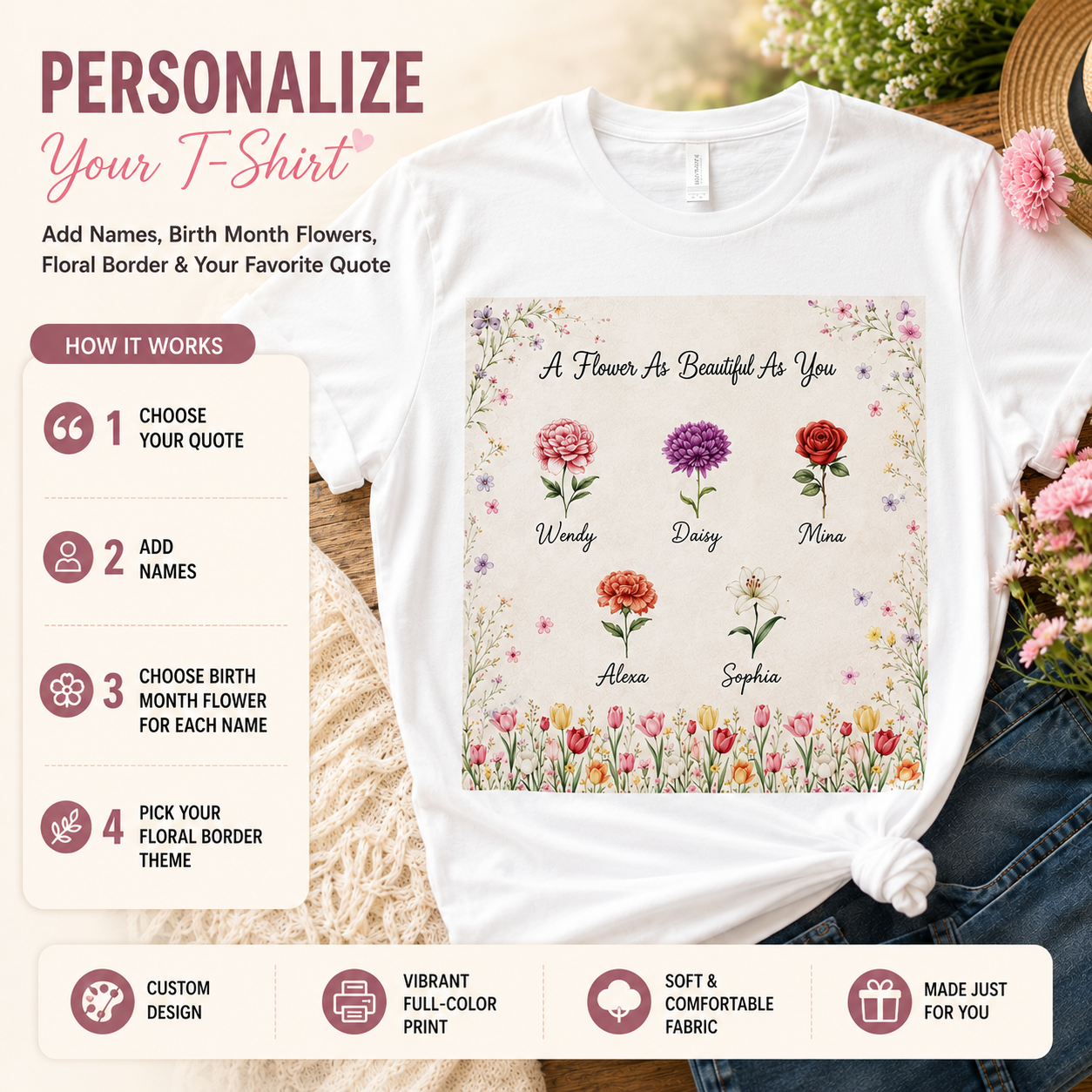 Personalized Birth Flower Garden Shirt – Custom Names & Birth Month Flowers Unisex T-Shirt, Family Floral Gift for Mom, Grandma, Nana
