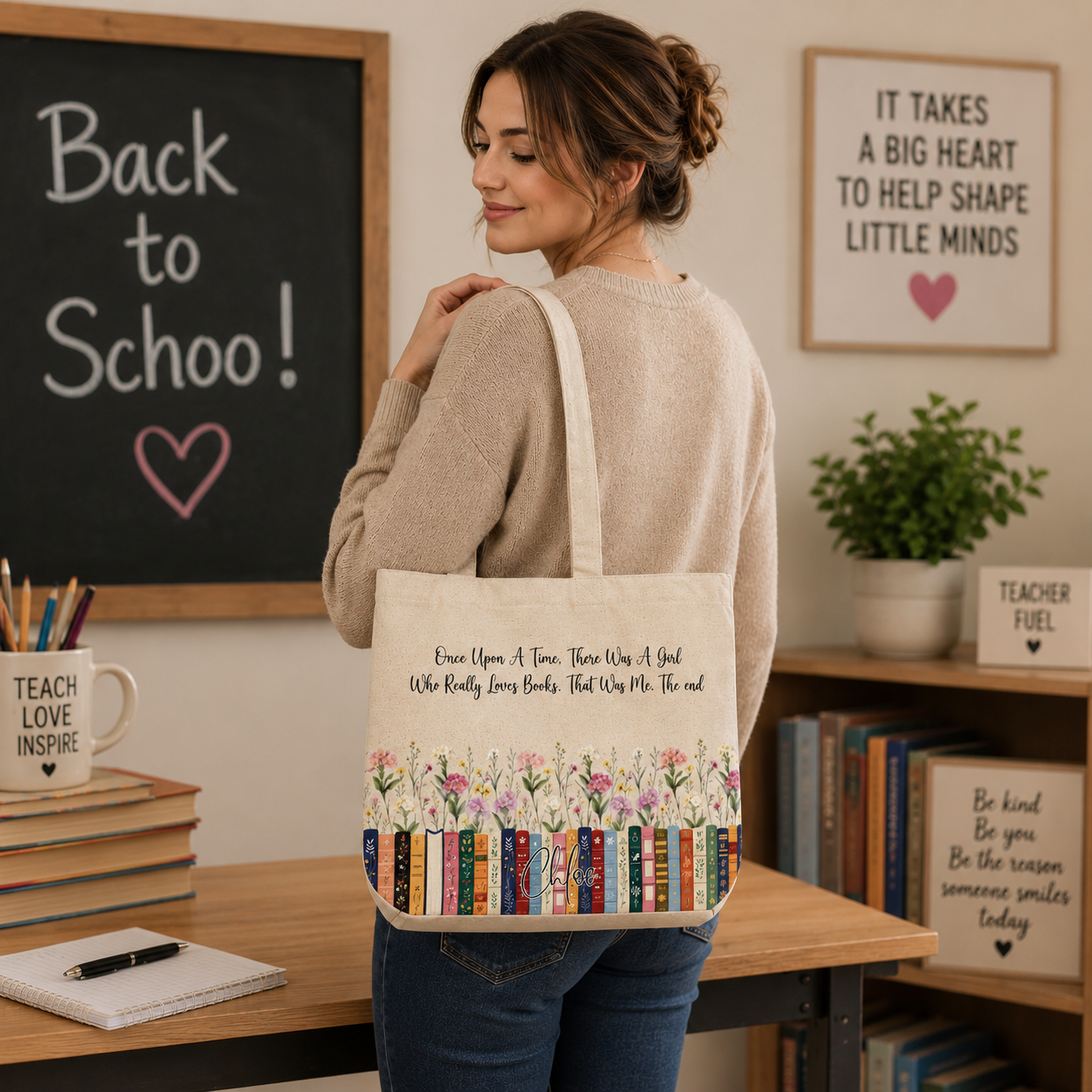 Personalized Book Lover Floral Tote Bag – Custom Name & Wildflower Border Cotton Gusseted Tote, Teacher Back to School Gift, Reader Gift for Women