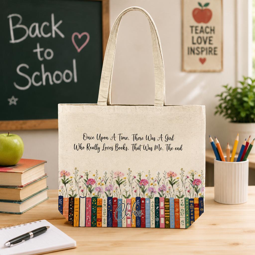 Personalized Book Lover Floral Tote Bag – Custom Name & Wildflower Border Cotton Gusseted Tote, Teacher Back to School Gift, Reader Gift for Women