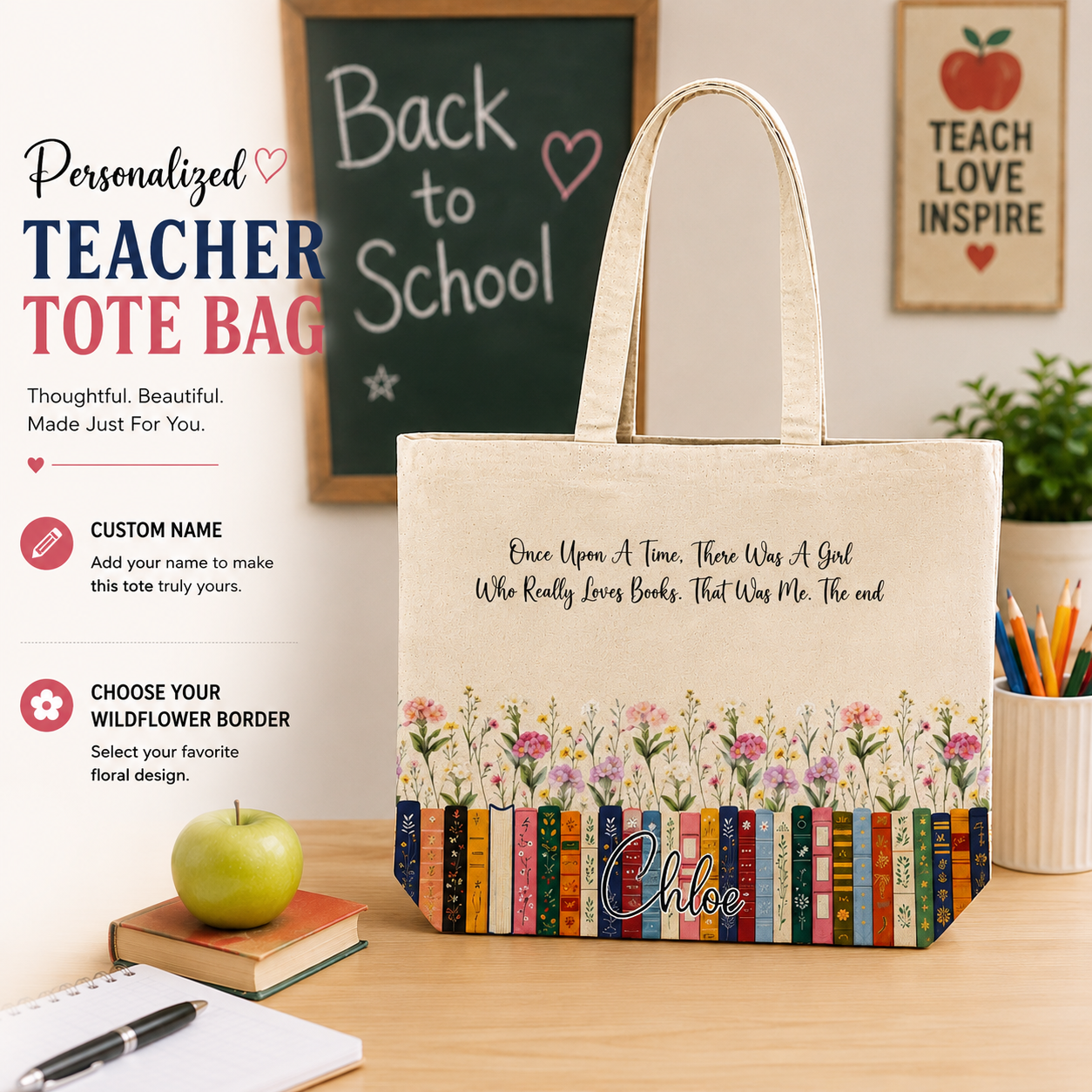 Personalized Book Lover Floral Tote Bag – Custom Name & Wildflower Border Cotton Gusseted Tote, Teacher Back to School Gift, Reader Gift for Women