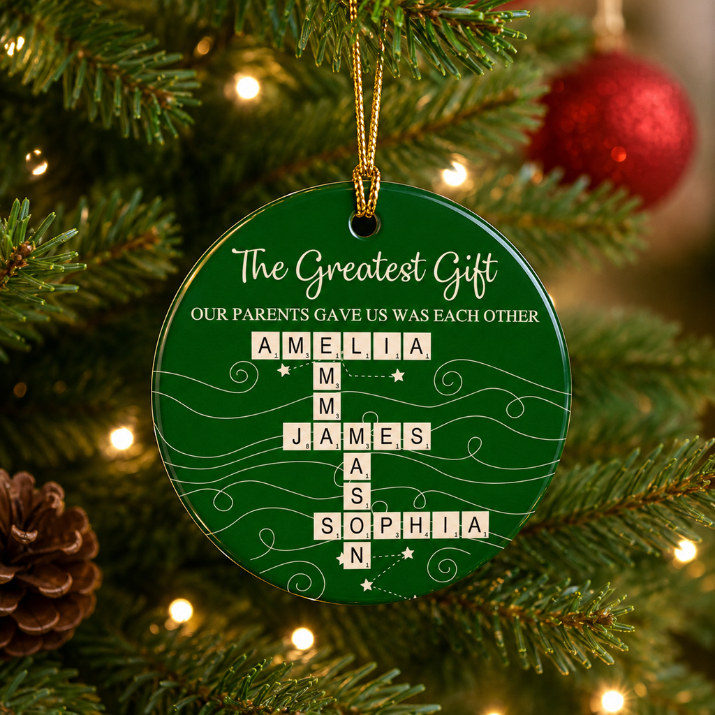Personalized brother and sister Christmas ornament with custom names in a crossword style