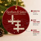 Personalized brother and sister Christmas ornament with custom names in a crossword design
