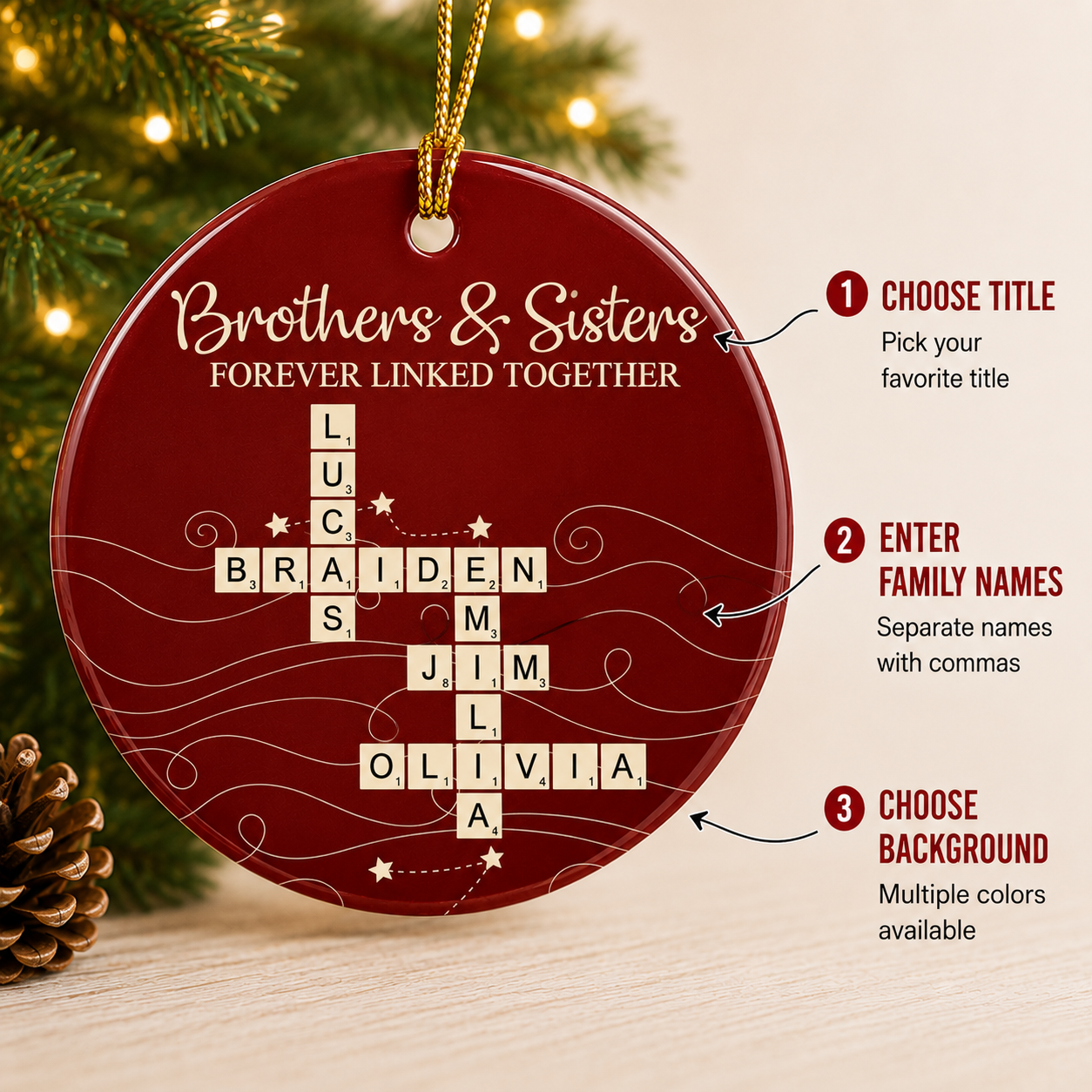 Personalized brother and sister Christmas ornament with custom names in a crossword design