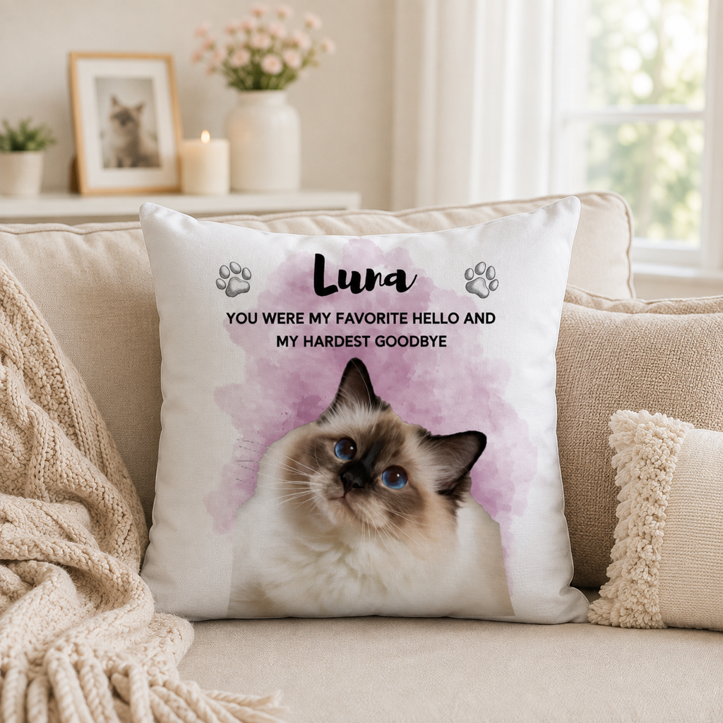 Personalized cat memorial pillow with custom cat photo, pet name and memorial quote