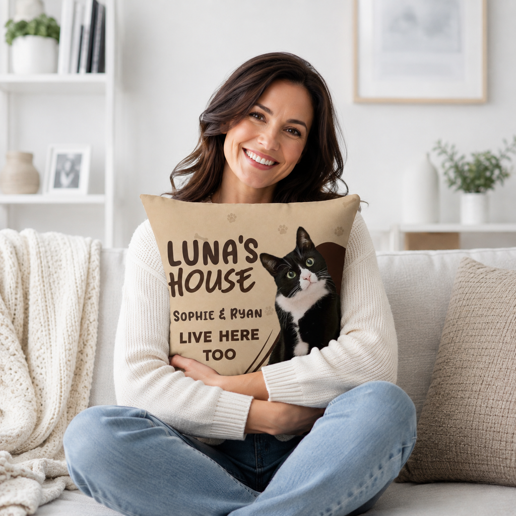 Woman holding a personalized cat photo pillow with custom pet name and owner names