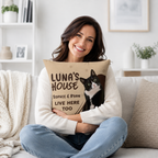 Woman holding a personalized cat photo pillow with custom pet name and owner names