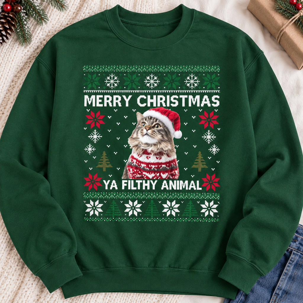 Dog Christmas Sweatshirt, Cat Christmas Sweatshirt, Personalized Pet Sweatshirt – Merry Christmas Ya Filthy Animal