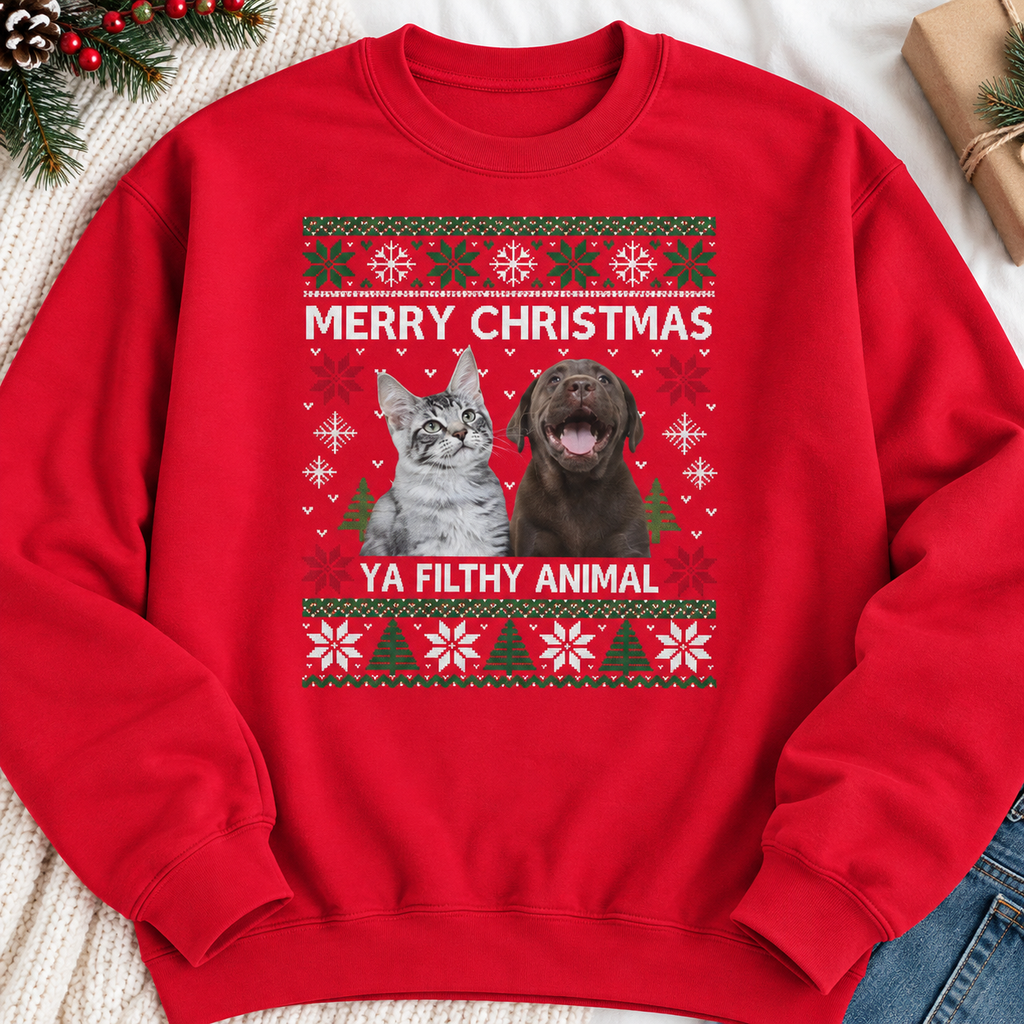Dog Christmas Sweatshirt, Cat Christmas Sweatshirt, Personalized Pet Sweatshirt – Merry Christmas Ya Filthy Animal