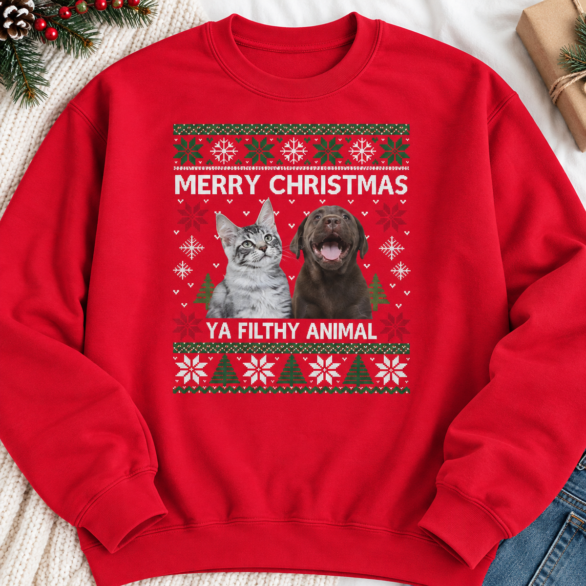 Dog Christmas Sweatshirt, Cat Christmas Sweatshirt, Personalized Pet Sweatshirt – Merry Christmas Ya Filthy Animal