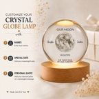 Personalized Crystal Globe Three Color Lamp – Custom Moon Crystal Ball Light with Names, Date & Quote, Romantic Anniversary Gift, Personalized LED Crystal Keepsake
