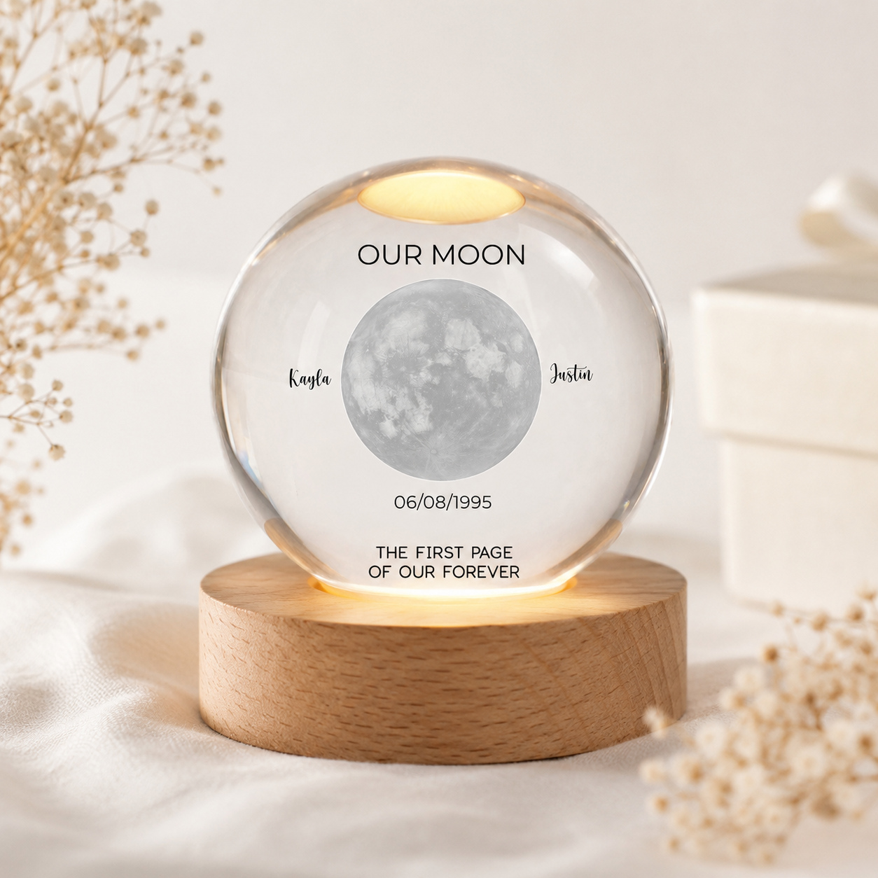 Personalized Crystal Globe Three Color Lamp – Custom Moon Crystal Ball Light with Names, Date & Quote, Romantic Anniversary Gift, Personalized LED Crystal Keepsake