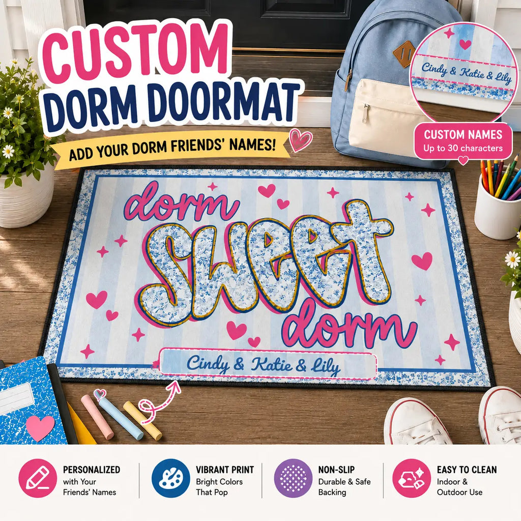 Personalized Dorm Sweet Dorm Doormat – Custom College Dorm Room Welcome Mat with Name