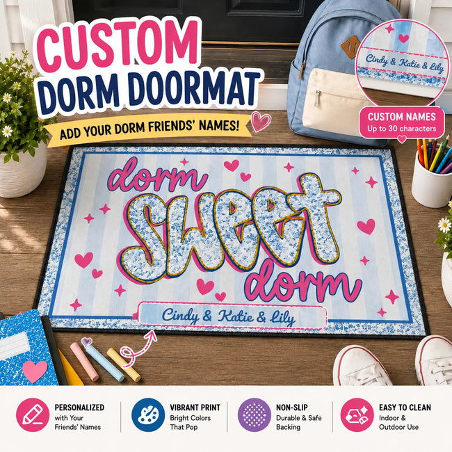 Personalized Dorm Sweet Dorm Doormat – Custom College Dorm Room Welcome Mat with Name Hover Image