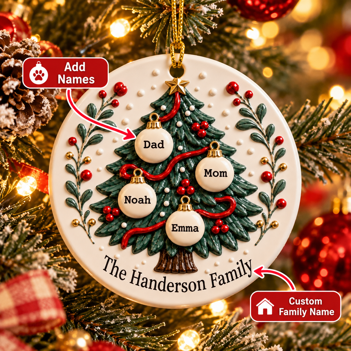 Personalized Family Ornament, Family Christmas Ornament, Custom Family Ornament, Personalized Ceramic Ornament, Custom Names 3D Relief Ceramic