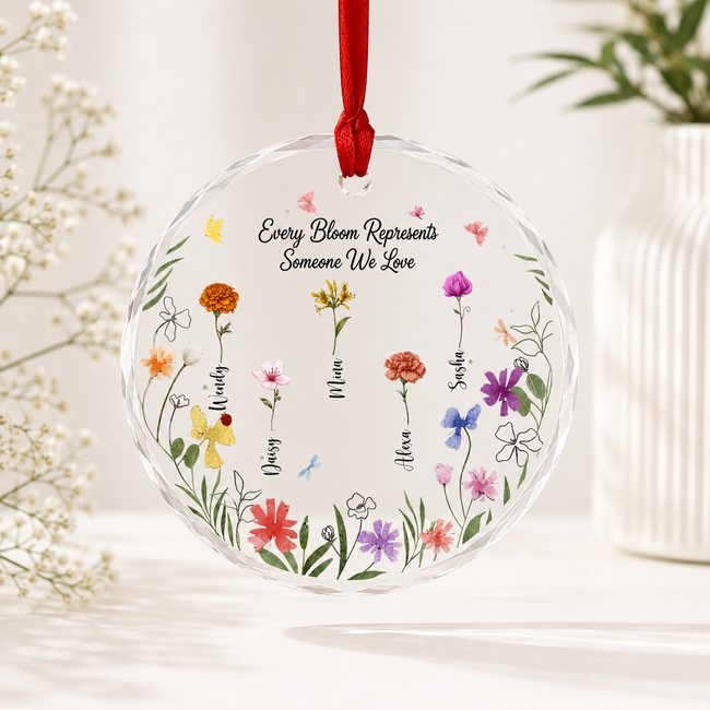 Personalized Family Flower Glass Ornament with Custom Names – Every Bloom Represents Someone We Love Keepsake Gift Main Image