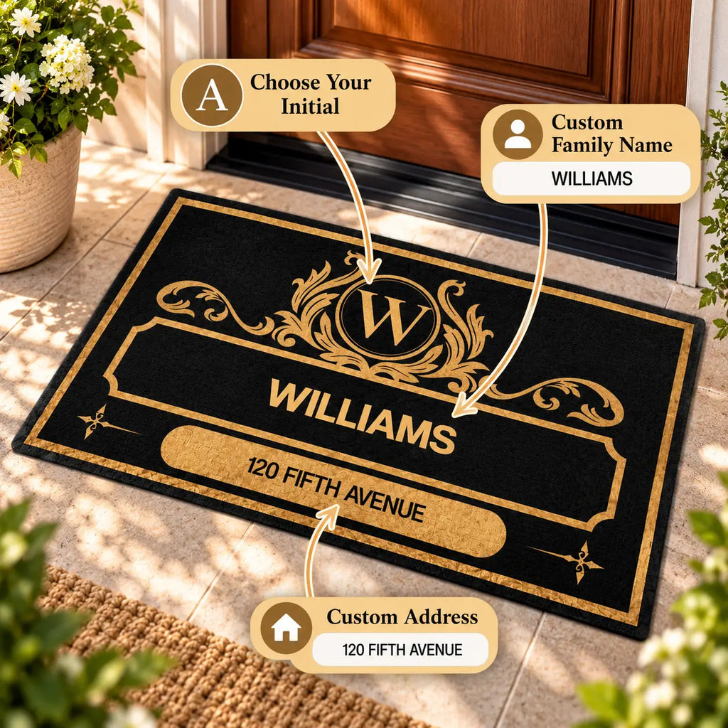 Personalized Family Name Doormat with Monogram & Address - Custom Welcome Mat for Front Door, Housewarming Gift