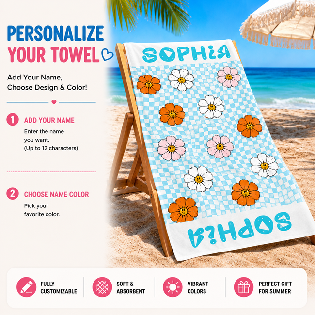 Personalized Floral Beach Towel for Girls – Custom Name Summer Towel with Smiley Daisy Pattern, Soft Oversized Pool & Beach Towel Hover Image