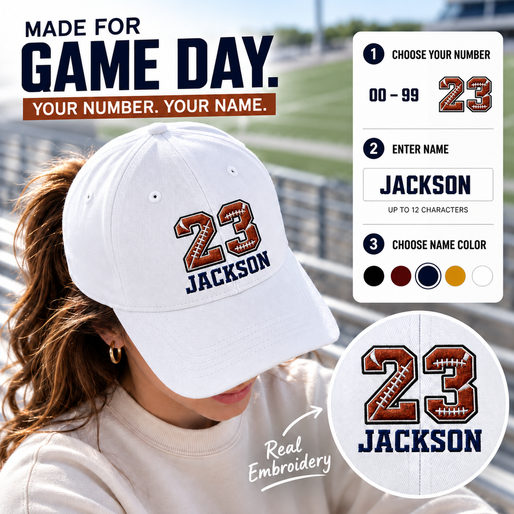 Personalized embroidered football game day hat with custom jersey number and player name