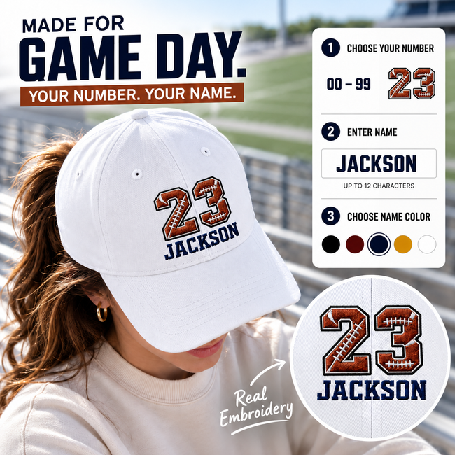 Personalized embroidered football game day hat with custom jersey number and player name Hover Image