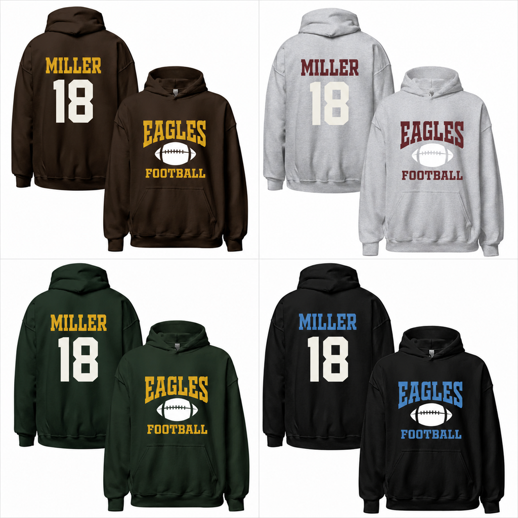 Personalized football game day hoodies in multiple colors with custom team, player name and number