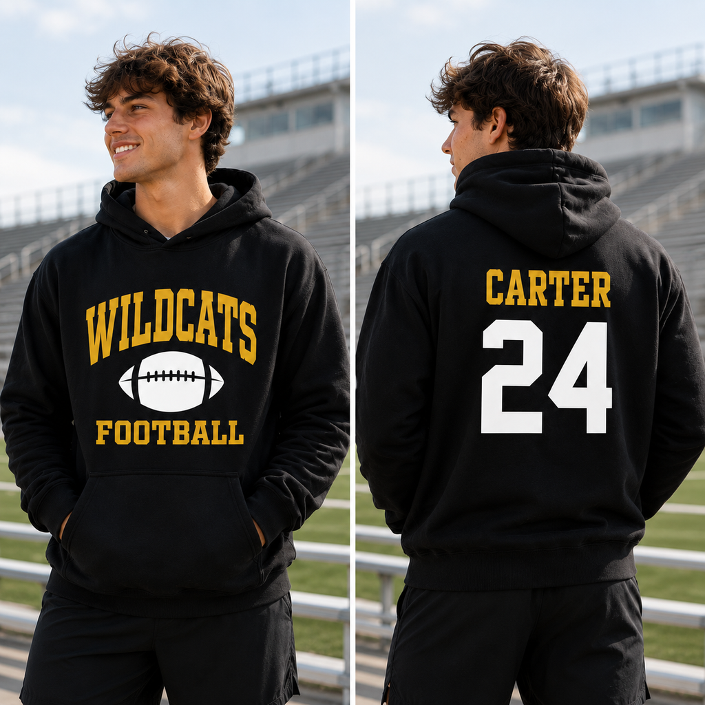 Personalized football game day hoodie front and back with custom team, player name and jersey number