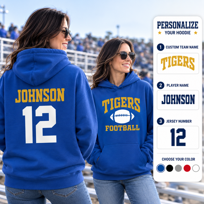 Personalized football hoodie with custom team name, player name and jersey number Hover Image
