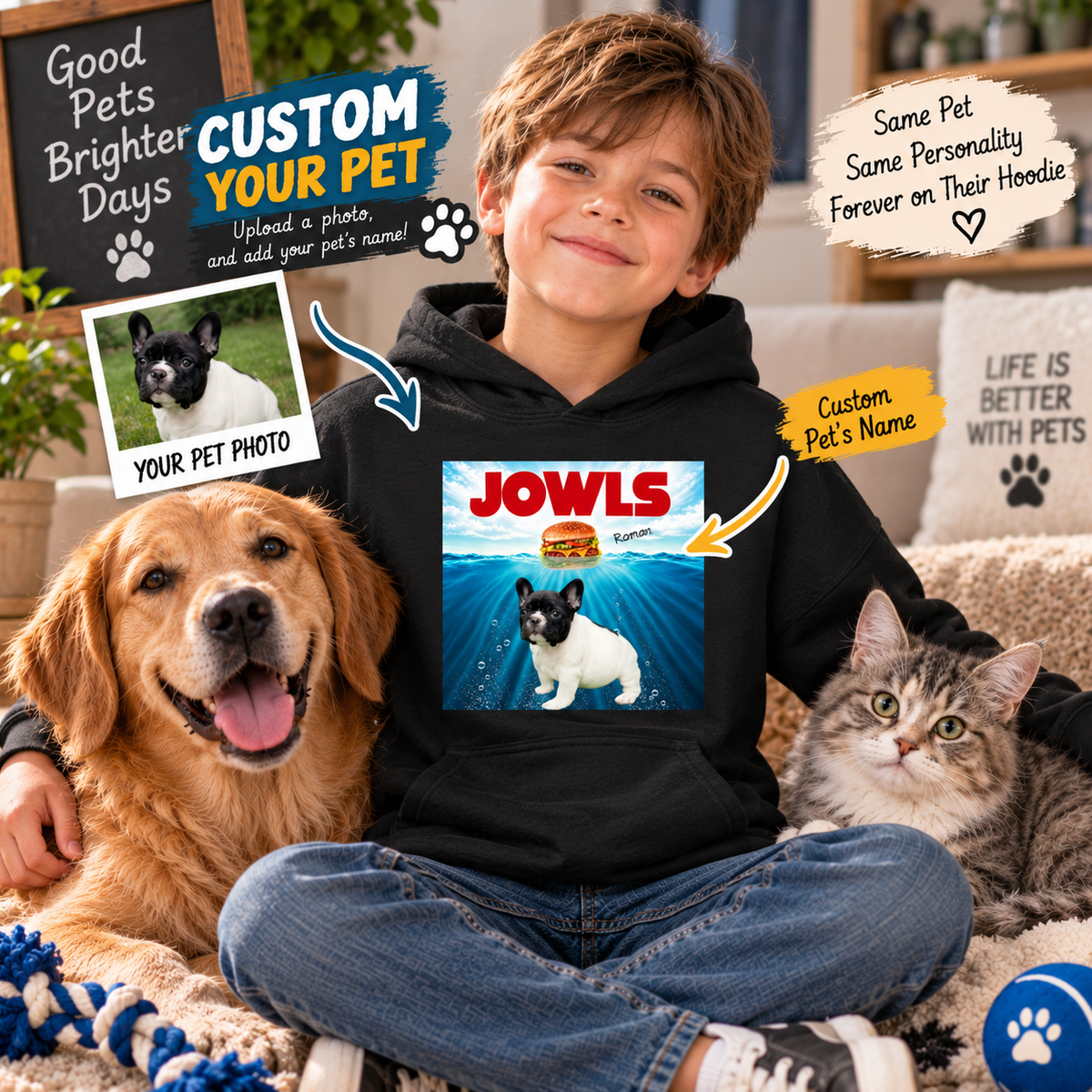 Personalized Pet Photo Youth Hoodie – Custom Pet Name JOWLS Kids Hoodie, Dog Cat Photo Hoodie, Funny Pet Lover Gift for Kids