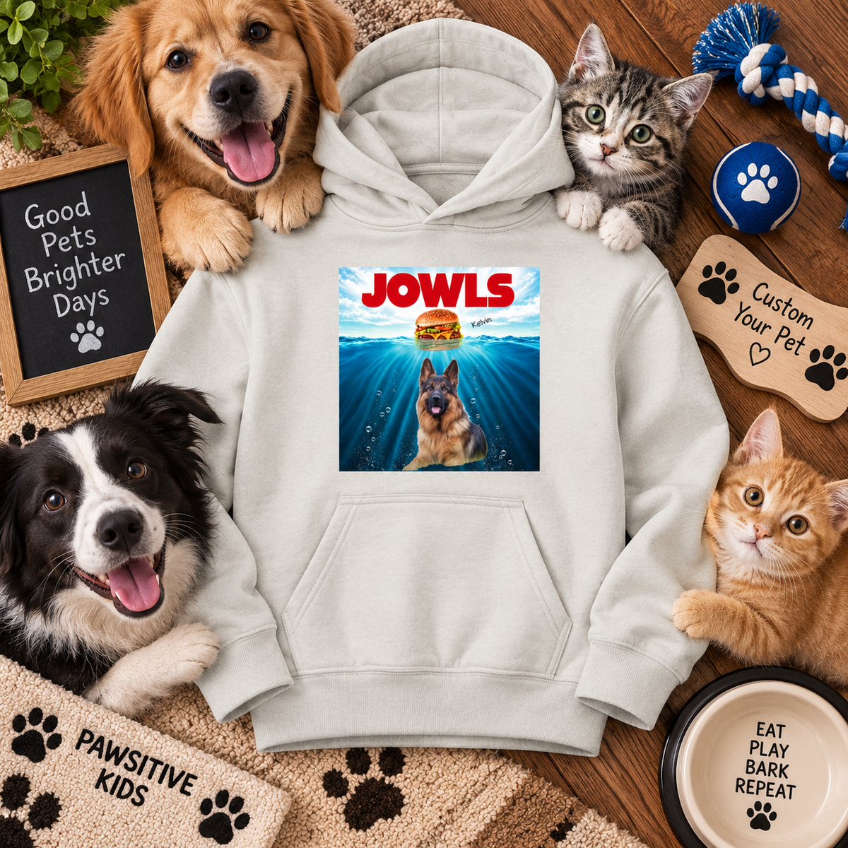Personalized Pet Photo Youth Hoodie – Custom Pet Name JOWLS Kids Hoodie, Dog Cat Photo Hoodie, Funny Pet Lover Gift for Kids