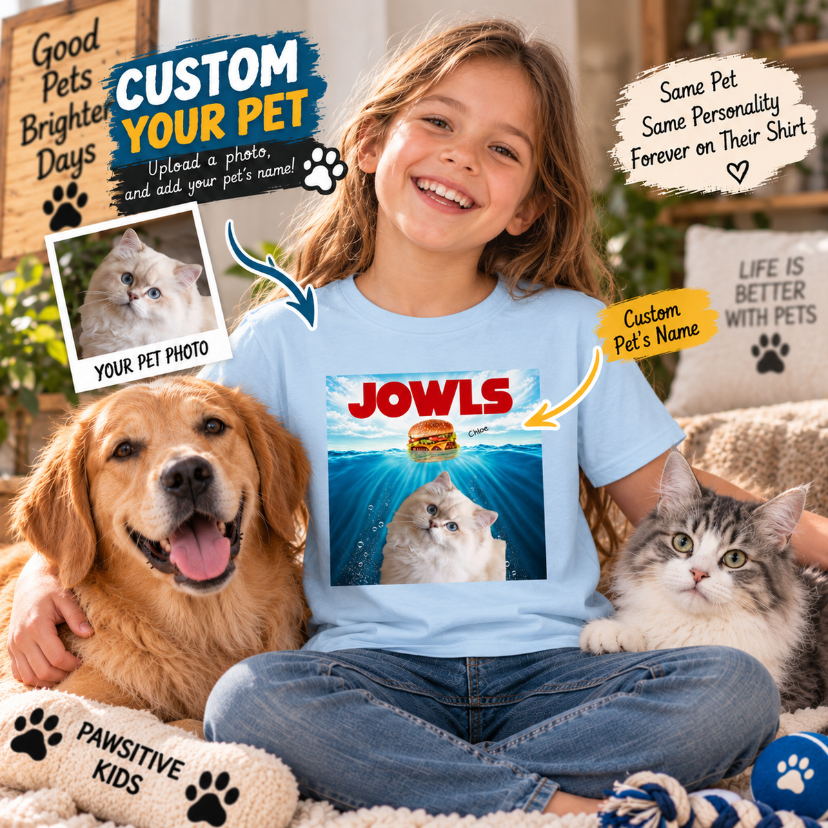 Personalized Pet Photo Youth T-Shirt – Custom Dog Cat Photo & Pet Name Kids Shirt, Funny JOWLS Pet Lover Tee, Gift for Kids
